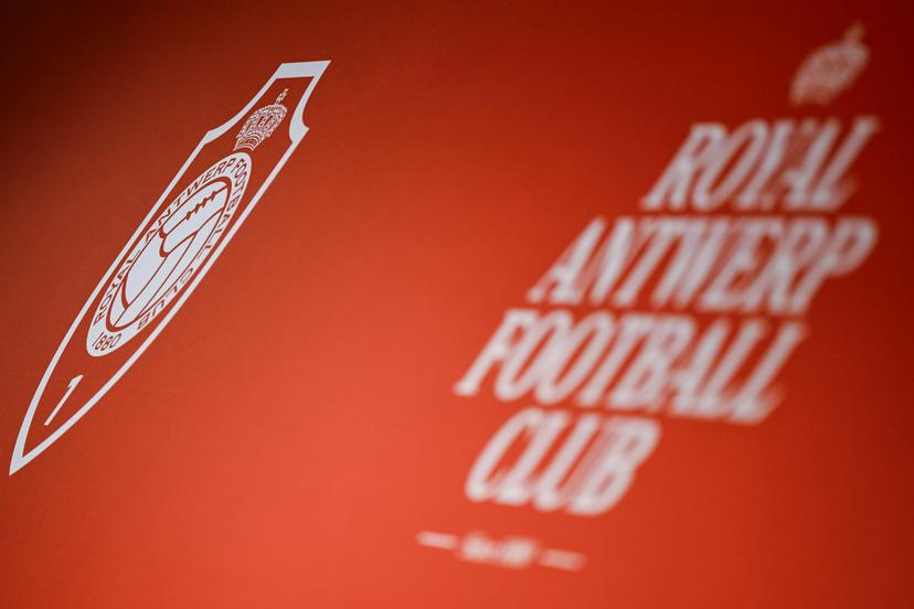 The club logo pictured at a press conference of Belgian soccer team Royal Antwerp FC, Wednesday 25 June 2025 in Antwerp, in preparation of the upcoming 2025-2026 Belgian first division soccer season. BELGA PHOTO TOM GOYVAERTS