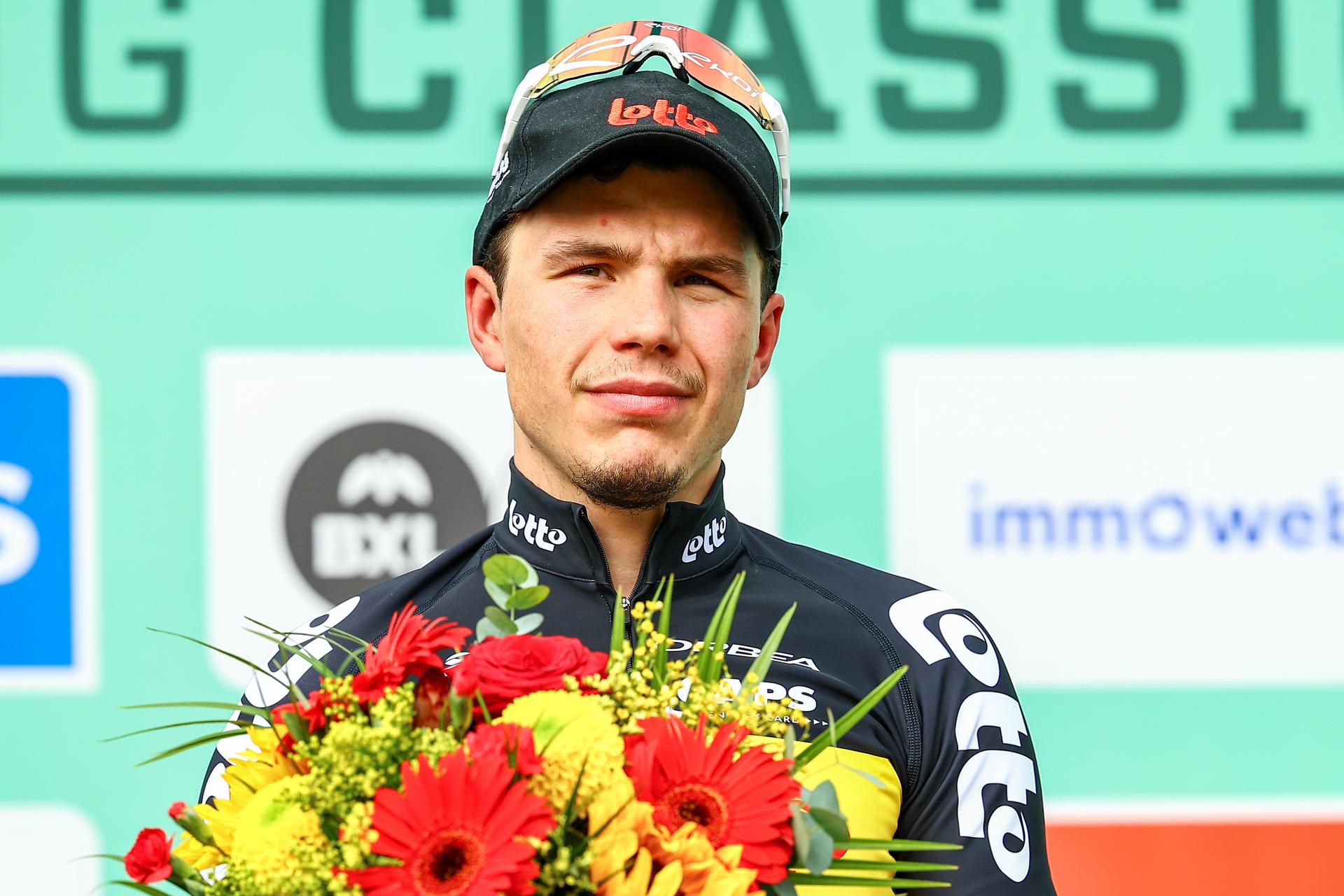 Belgian Arnaud De Lie of Lotto Cycling Team pictured on the podium after the Brussels Cycling Classic one day cycling race, 205,1 km from and to Brussels, Sunday 08 June 2025. BELGA PHOTO DAVID PINTENS