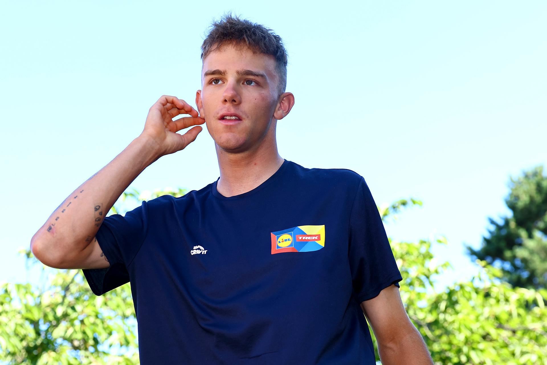 Belgian Thibau Nys of Lidl-Trek pictured during a press conference of Lidl Trek team ahead of the 2025 Tour de France cycling race, in Lille, France, on Thursday 03 July 2025. The 112th edition of the Tour de France starts on Saturday 5 July in Lille, France, and will finish in Paris, France on the 27th of July.   BELGA PHOTO DAVID PINTENS