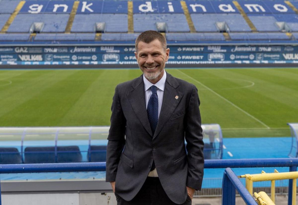 Former captain of the Croatian national football team and UEFA Chief of Football Zvonimir Boban poses for a photo after a press conference in Zagreb, on April 14, 2025. Zvonimir Boban has returned to Dinamo Zagreb, assuming the role of President of the Dinamo Council. The club announced his appointment on April 14, highlighting the significance of his return to Croatian football. DAMIR SENCAR / AFP