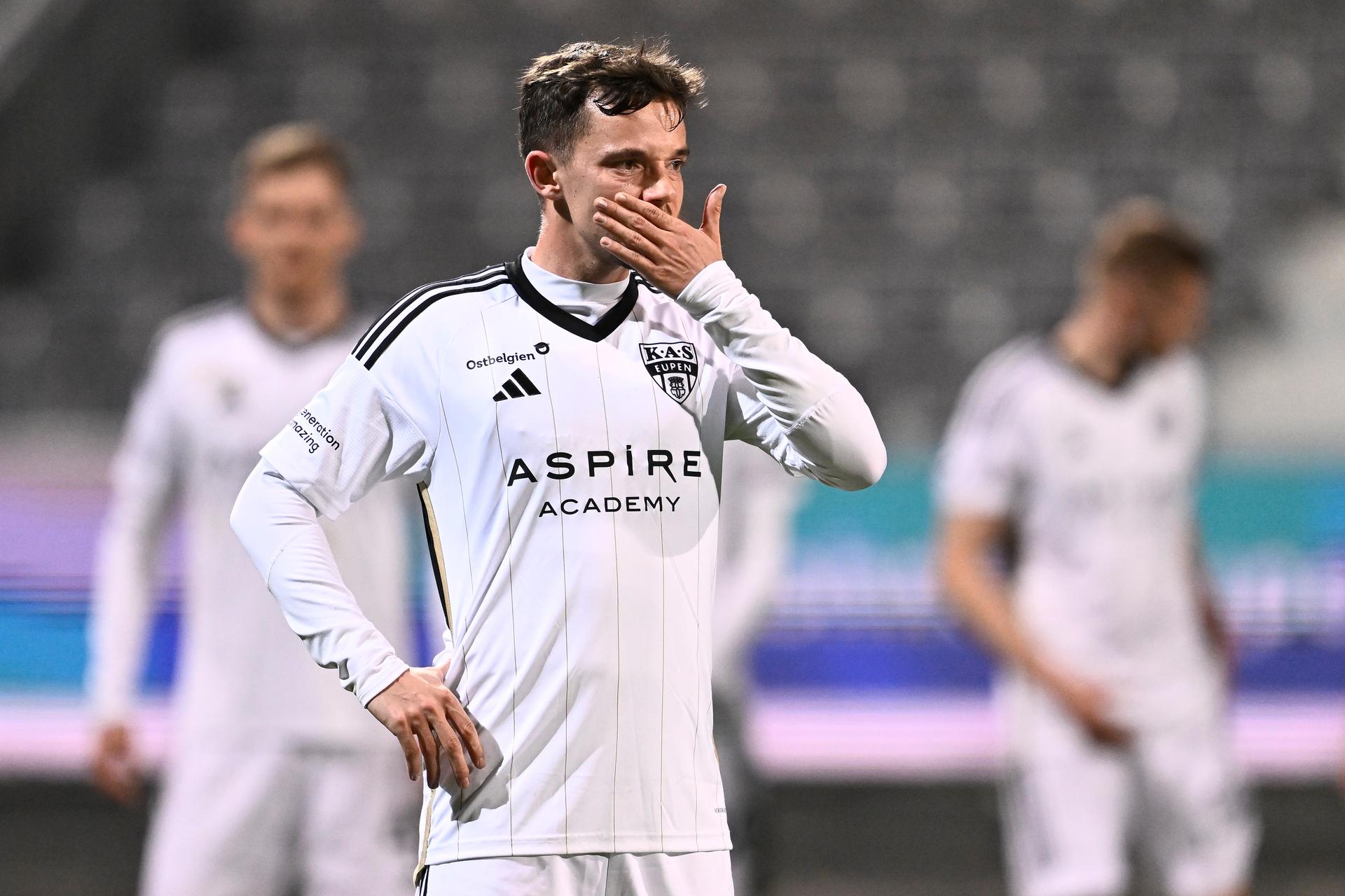 Eupen's Gaetan Hendrickx pictured during a soccer match between KAS Eupen and Royal Francs Borains, in Eupen, on day 25 of the 2024-2025 'Challenger Pro League' 1B second division of the Belgian championship, Saturday 08 March 2025. BELGA PHOTO JOHAN EYCKENS