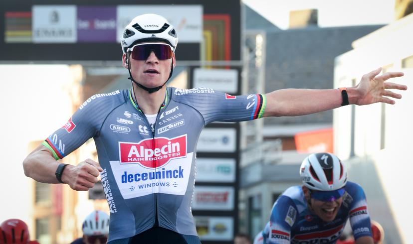 Dutch Mathieu van der Poel of Alpecin-Deceuninck celebrates as he wins the sprint at the finish of the 'Ename Samyn Classic' one day cycling race, 199,1km from Quaregnon to Dour on Tuesday 04 March 2025. BELGA PHOTO VIRGINIE LEFOUR