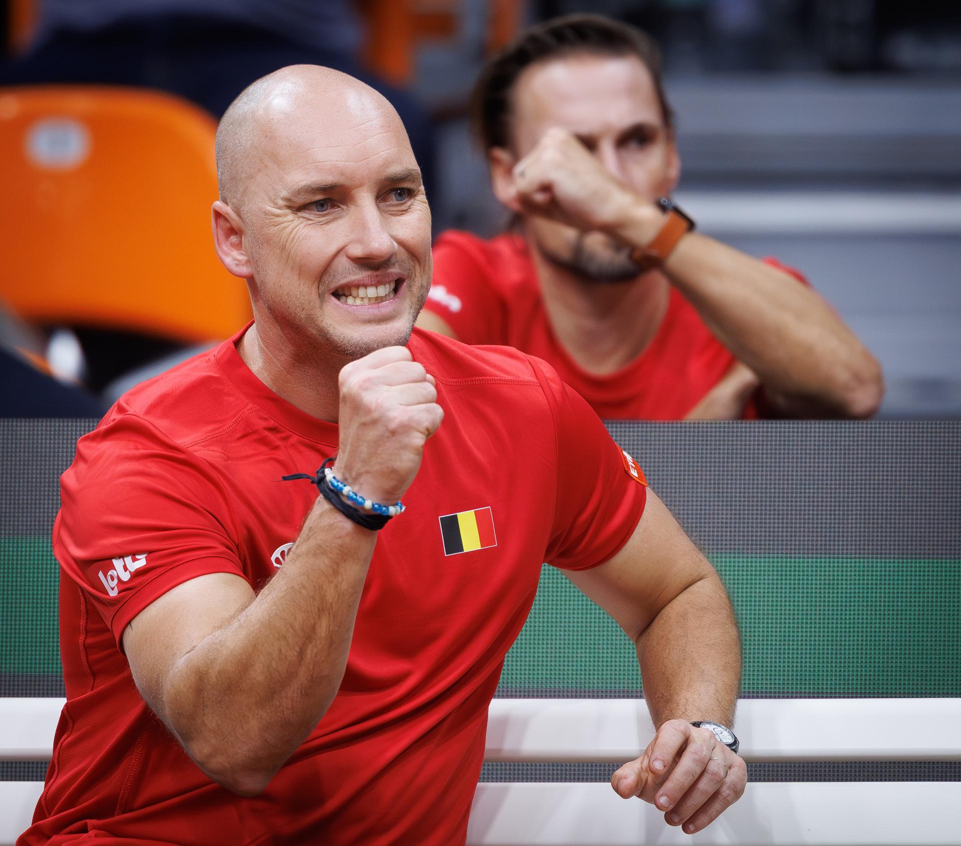 Belgian captain Steve Darcis and Belgian assistant coach Ruben Bemelmans react during a tennis match between Bulgarian Radulov and Belgian Blockx, during the qualifier of the Davis Cup on Saturday 07 February 2026, in Plovdiv, Bulgaria. Belgium will compete this weekend in the Davis Cup qualifiers against Bulgaria. BELGA PHOTO BENOIT DOPPAGNE