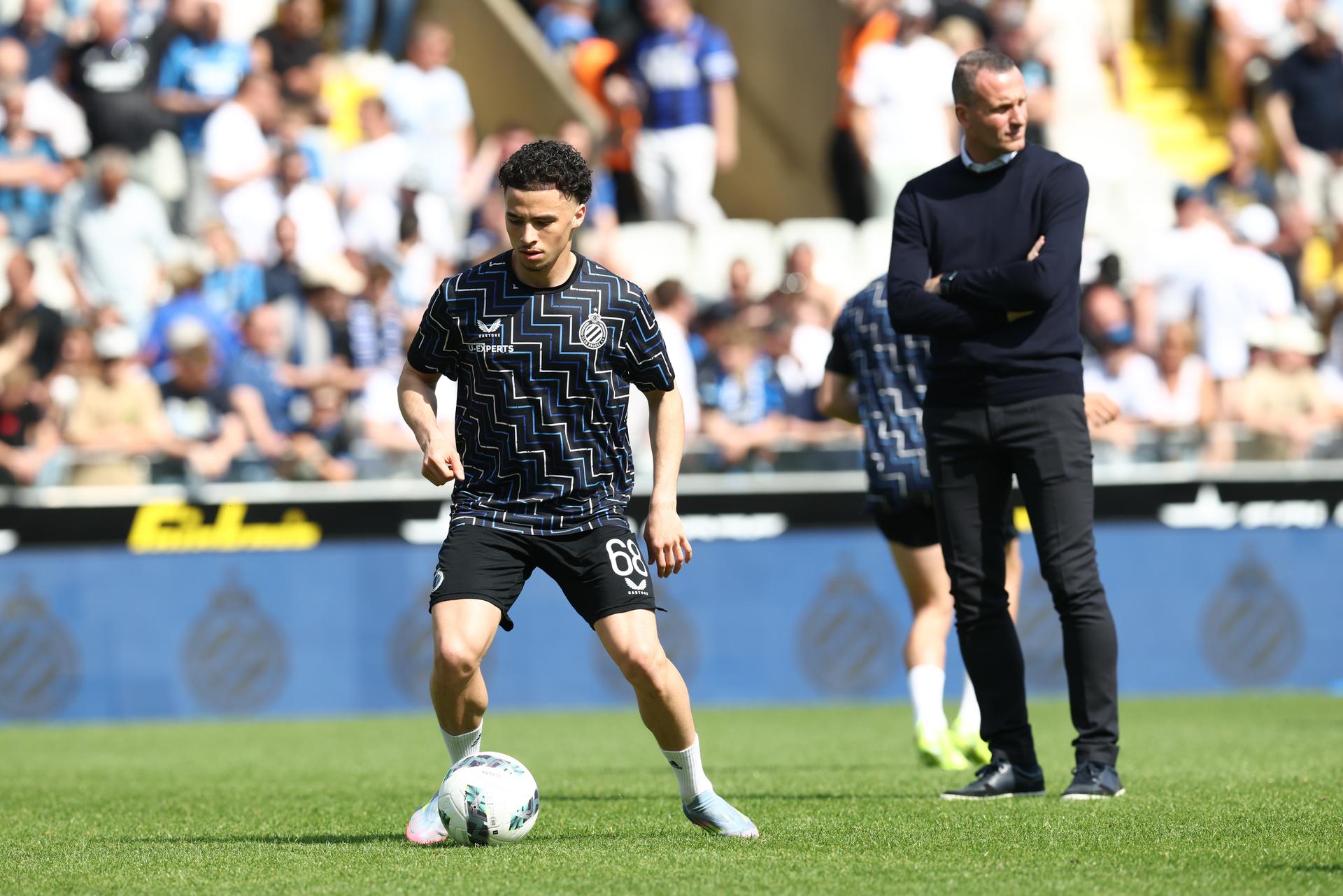 Club's Chemsdine Talbi pictured in action during the warming-up for a soccer match between Club Brugge and KAA Gent, Thursday 01 May 2025 in Brugge, on day 7 (out of 10) of the Champions' Play-offs of the 2024-2025 'Jupiler Pro League' first division of the Belgian championship. BELGA PHOTO BRUNO FAHY