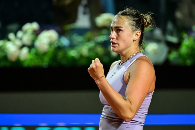 Belarus' Aryna Sabalenka reacts during her women's single match against Ukraine's Marta Kostyuk at the WTA Rome Open tennis tournament at Foro Italico in Rome, Italy on May 12, 2025.  PIERO CRUCIATTI / AFP