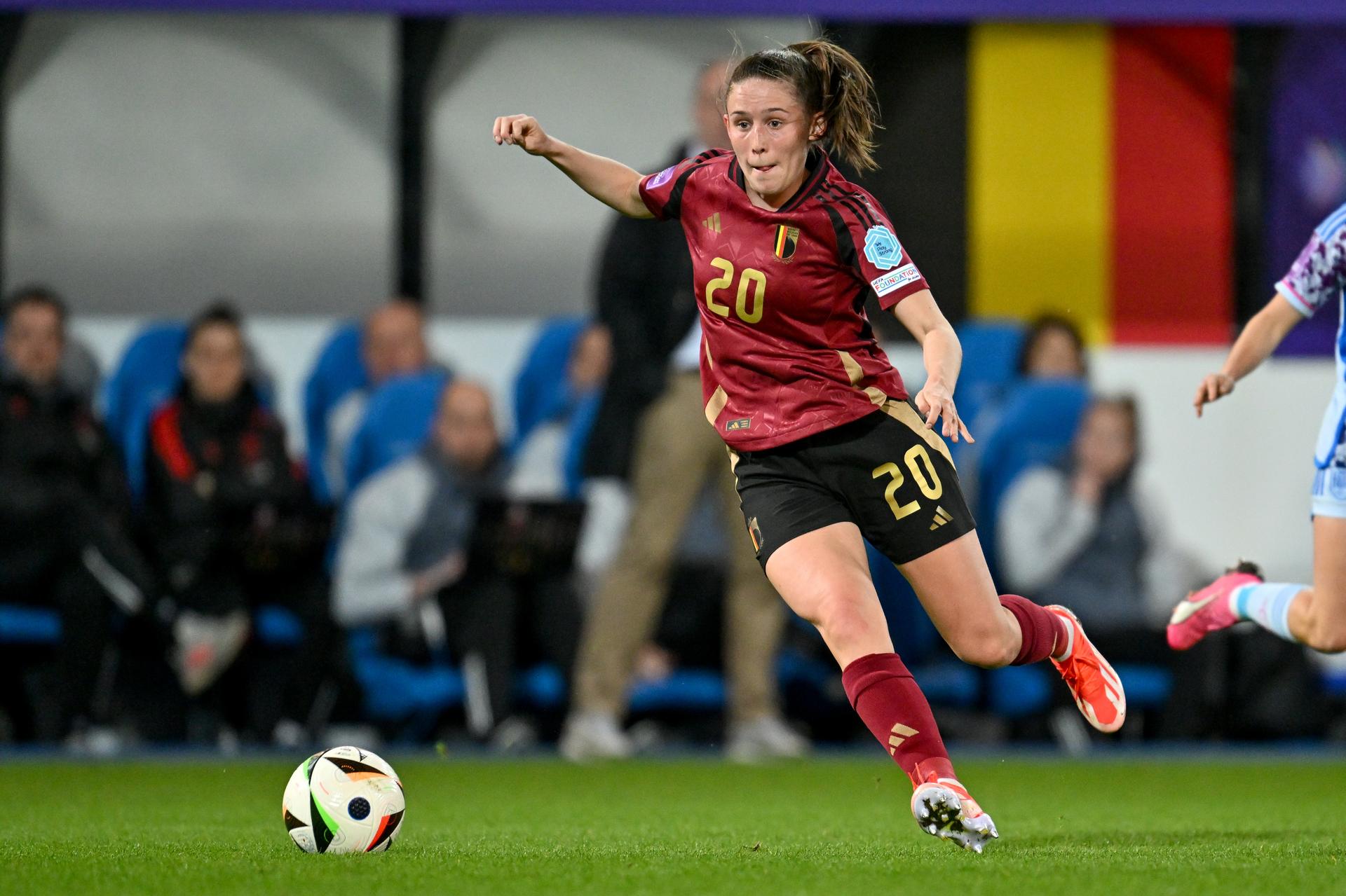 Belgium's Marie Detruyer is pictured in action during a soccer game between Belgium's national women's team the Red Flames and Spain, on Friday 05 April 2024 in Heverlee, Leuven, match 1/6 of the qualifications of the 2025 European Championships. BELGA PHOTO DAVID CATRY