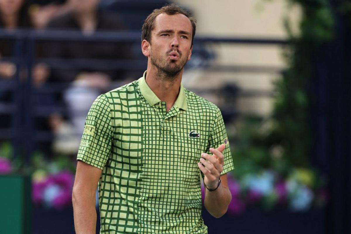 Russia's Daniil Medvedev  reacts during his match against Canada's Felix Auger-Aliassime in the men's singles semi-final match at the Dubai Duty Free Tennis tournament in Dubai on February 27, 2026.  Fadel SENNA / AFP