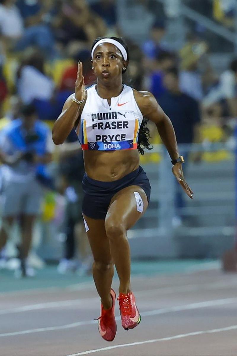 Jamaica's Shelly-Ann Fraser-Pryce competes in the women's 100m final during the IAAF Diamond League competition at the Suheim Bin Hamad Stadium in Doha on May 16, 2025.  Karim JAAFAR / AFP