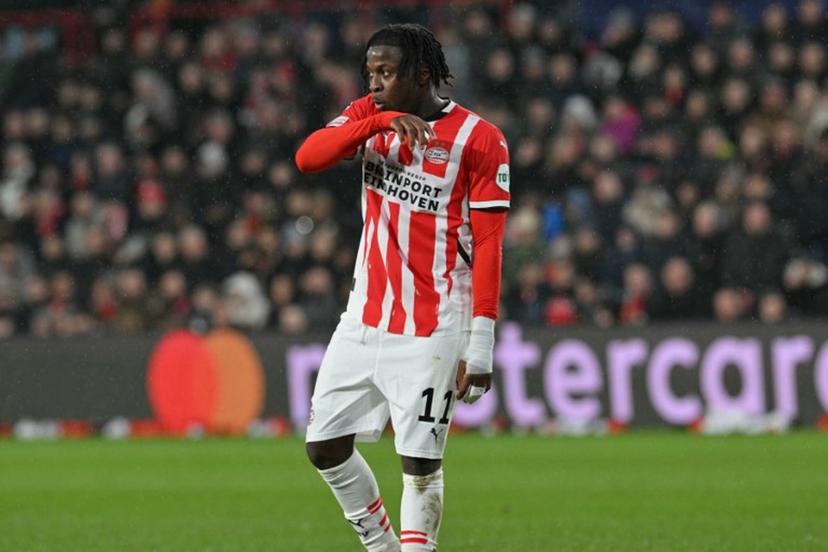 PSV Eindhoven's Belgian forward #11 Johan Bakayoko reacts during the UEFA Champions League, league phase day 8, football match between PSV Eindhoven (NED) and Liverpool FC (ENG) at the the Philips Stadion, in Eindhoven, on January 29, 2025.  NICOLAS TUCAT / AFP
