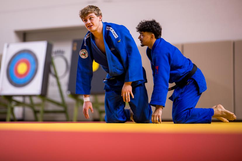 Athlete Jarne Duyck and Sparring Partner Ray Marinx pictured during the annual winter training camp of Team Belgium organized by the BOIC-COIB Belgian Olympic Committee, in Belek, Turkey, Monday 24 November 2025. The camp takes place from 19 to 26 November and focuses on the initial preparations for the 2028 Olympic Games in Los Angeles. BELGA PHOTO JASPER JACOBS