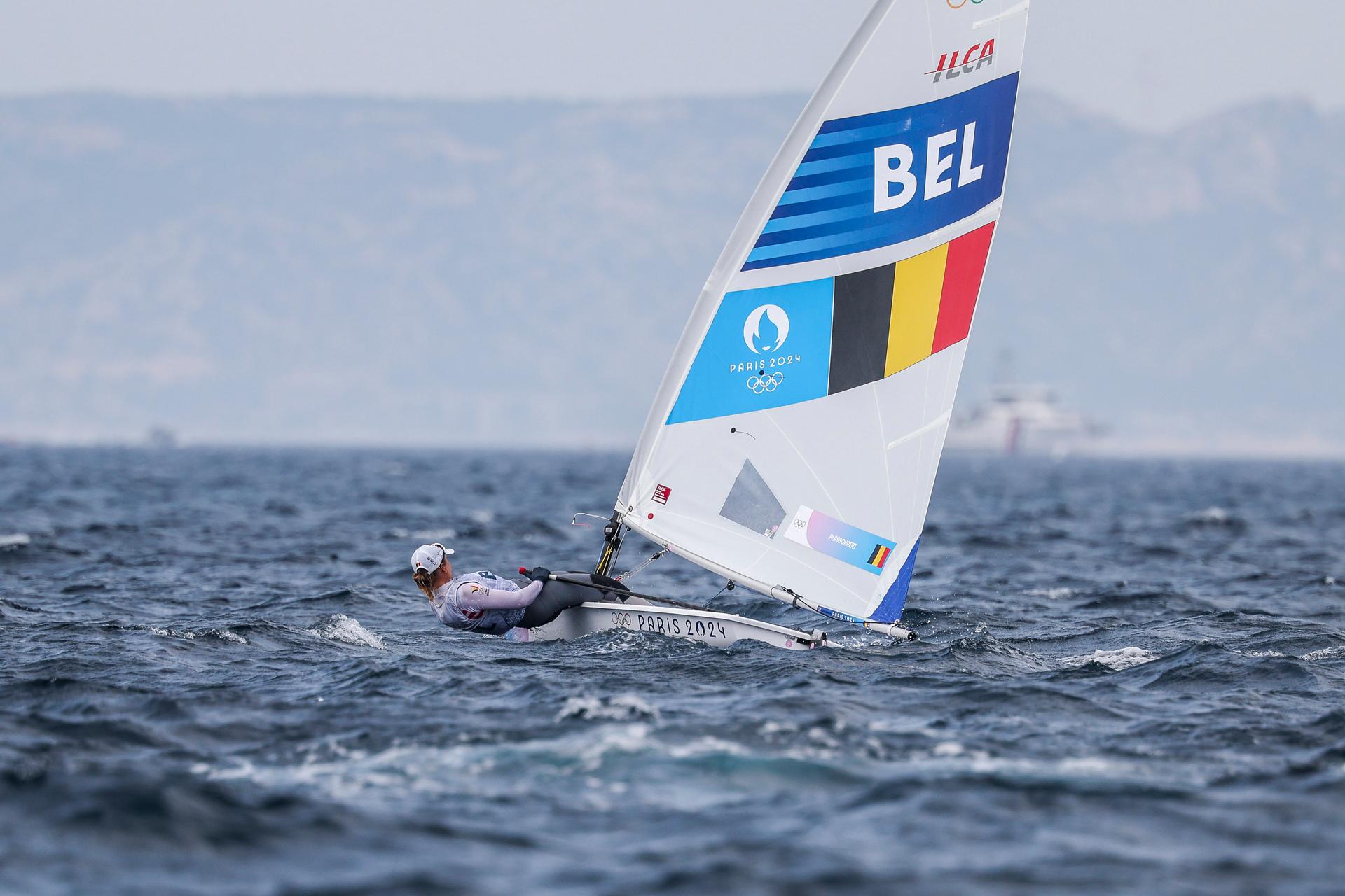 Emma PLASSCHAERT of Belgium in the Women's Dinghy medal race on day twelve of the Olympic Games Paris 2024 at Marseille Marina on August 07, 2024 in Marseille, France. (Photo by Johnny Fidelin/Icon Sport) *** BELGIUM ONLY ***