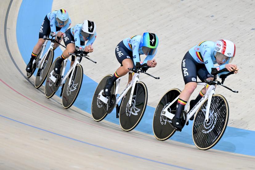 Belgian Helene Hesters, Belgian Luca Vierstraete, Belgian Shari Bossuyt and Belgian Katrijn De Clercq pictured in action during the women's Team Pursuit first round at the second day of the 2026 UEC Track Elite European Championships, in Konya, Turkey, Monday 02 February 2026. The European Championships take place from 01 to 05 February 2026. BELGA PHOTO DIRK WAEM