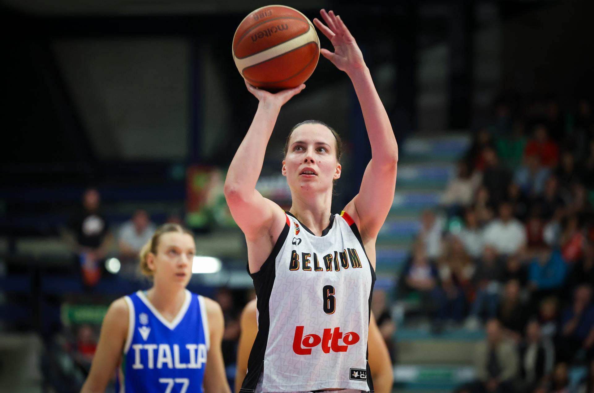 Belgium's Antonia Delaere pictured in action during a friendly basket game between Belgium's national team Belgian Cats and Italy, in Jemappes, on Friday 23 May 2025. BELGA PHOTO VIRGINIE LEFOUR
