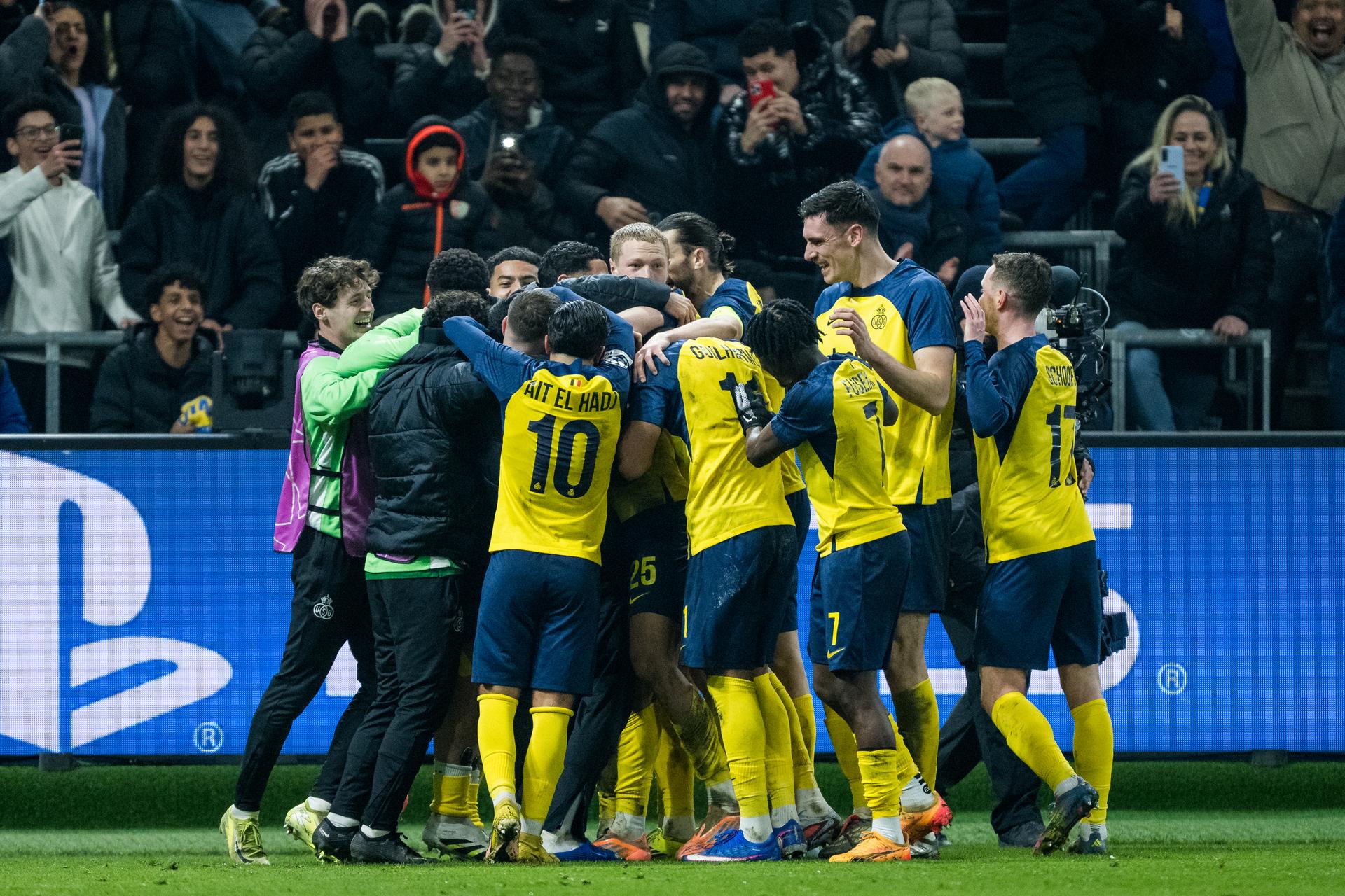 Union's Anan Khalaili celebrates after scoring during a soccer game between Belgian Royale Union Saint-Gilloise and Italian Atalanta Bergamo, on Wednesday 28 January 2026 in Brussels, on the eight day of the League phase of the UEFA Champions League tournament. BELGA PHOTO JASPER JACOBS