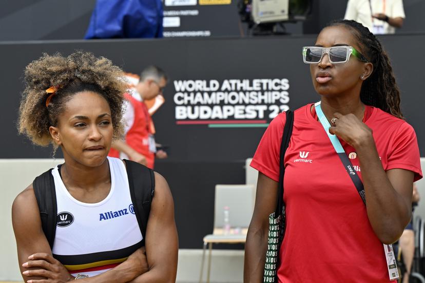 Belgian Naomi Van den Broeck and Belgian athletics coach Carole Kaboud Me Bam pictured during preparations ahead of the World Athletics Championships in Budapest, Hungary on Friday 18 August 2023. The Worlds are taking place from 19 to 27 August 2023. BELGA PHOTO ERIC LALMAND