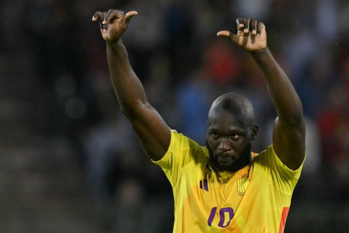 Belgium's forward #10 Romelu Lukaku reacts during the FIFA World Cup 2026 Group J European qualification football match between Belgium and Wales at the King Baudouin Stadium in Brussels, on June 9, 2025.  NICOLAS TUCAT / AFP