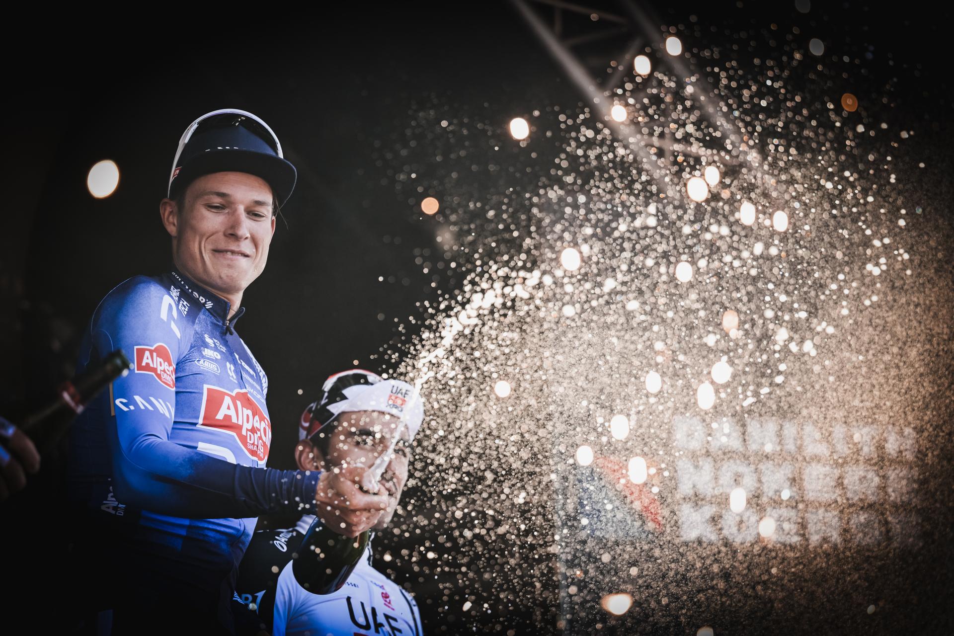 Belgian Jasper Philipsen of Alpecin-Premier Tech celebrates on the podium after winning the 'Nokere Koerse' one day cycling race for men elite, 186,4 km from Deinze to Nokere, Kruisem on Wednesday 18 March 2026. BELGA PHOTO DAVID PINTENS