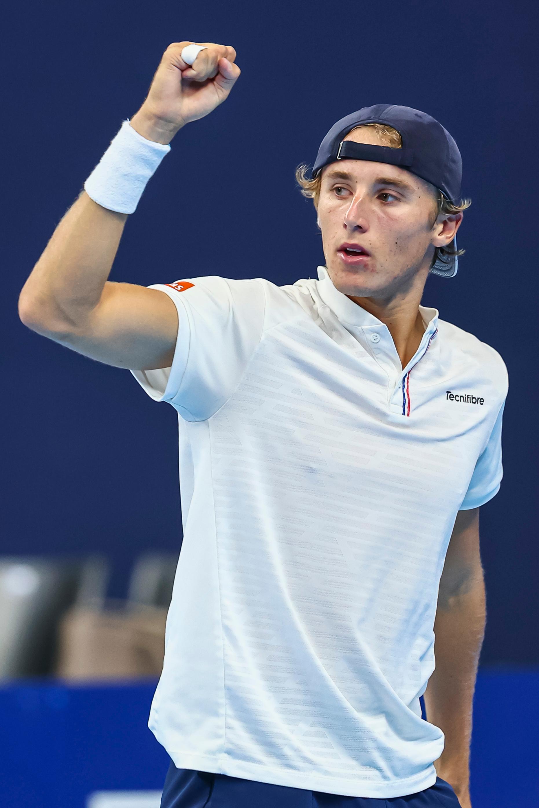 Belgian Emilien Demanet pictured in action during the qualifying phase of the European Open Tennis ATP tournament, in Antwerp, Sunday 13 October 2024. BELGA PHOTO DAVID PINTENS