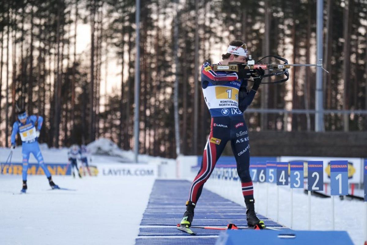 Norway's Sturla Holm Laegreid competes during the men's 4x7,5km relay event of the IBU Biathlon World Cup in Kontiolahti, Finland, on March 7, 2026.  Minna Raitavuo / Lehtikuva / AFP