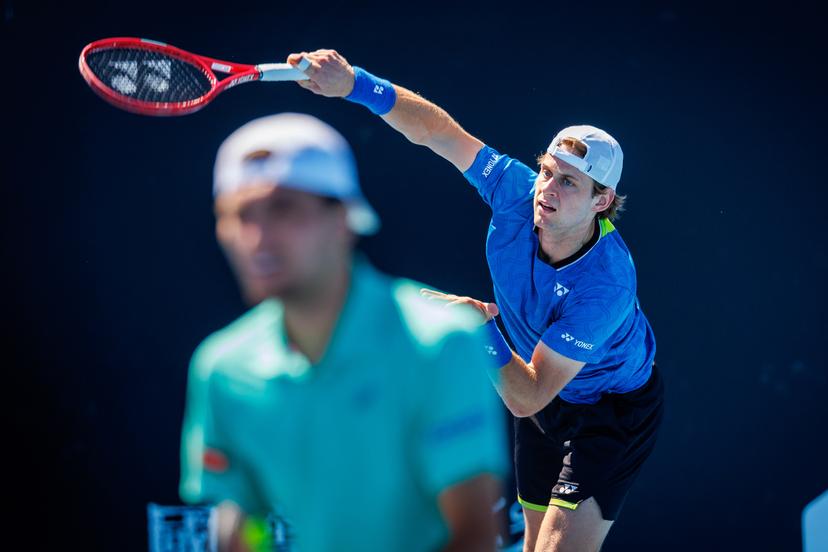 Belgian Zizou Bergs pictured during a first round match of Belgium's Bergs/Collignon against Australia's pair McCabe/Tu in the men doubles at the Australian Open, Melbourne Park, Melbourne on Wednesday 21 January 2026. McCabe/Tu won the game. BELGA PHOTO PATRICK HAMILTON  --- BENELUX ONLY   ---