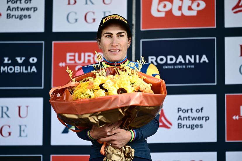Italian Elisa Balsamo of Lidl-Trek pictured on the podium after the 'Ronde van Brugge' women's elite one-day cycling race, 143,7 km from and to Brugge on Thursday 26 March 2026. BELGA PHOTO MAARTEN STRAETEMANS