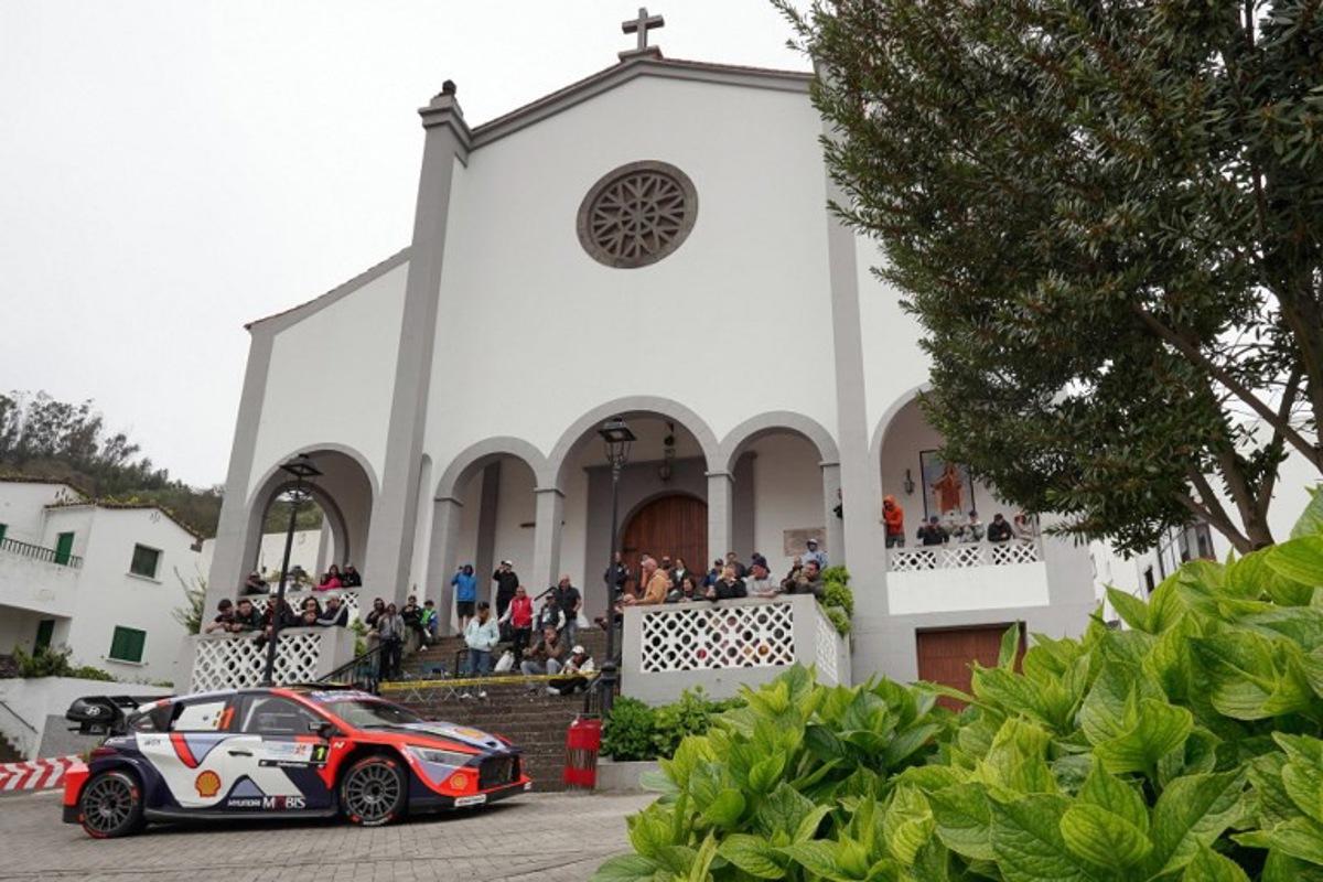 Thierry Neuville of Belgium and his co-driver Martijn Wydaeghe of Belgium compete in their Hyundai i20 N Rally 1 during the SS10 special Moya-Galdar of the World Rally Championship (WRC) Rally Islas Canarias on the Spanish Canary island of Gran Canaria, on April 26, 2025.  Manaure QUINTERO / AFP