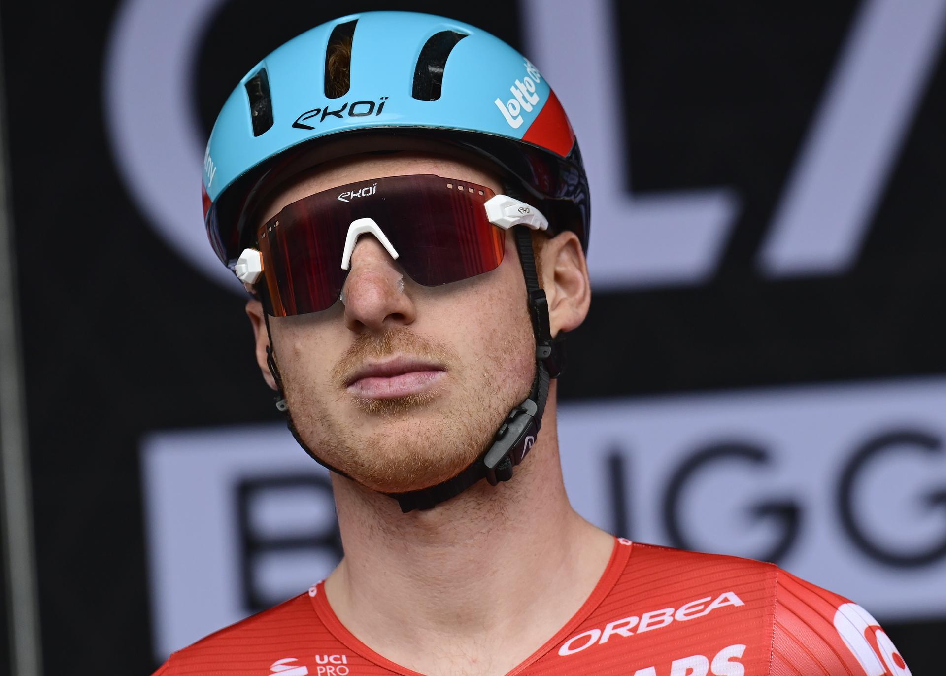 Belgian Milan Menten of Lotto Dstny pictured at the team presentation of the 'Classic Brugge-De Panne' men's elite one-day cycling race, 198,9 km from Brugge to De Panne, Wednesday 20 March 2024. BELGA PHOTO DIRK WAEM