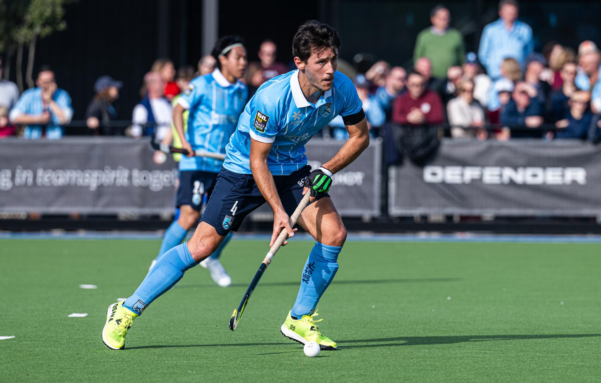 Braxgata's Arthur Van Doren pictured in action during a hockey game between Braxgata and Royal Oree, Sunday 08 March 2026 in Boom, on day 13 of the Belgian first division hockey championship. BELGA PHOTO EMILE WINDAL