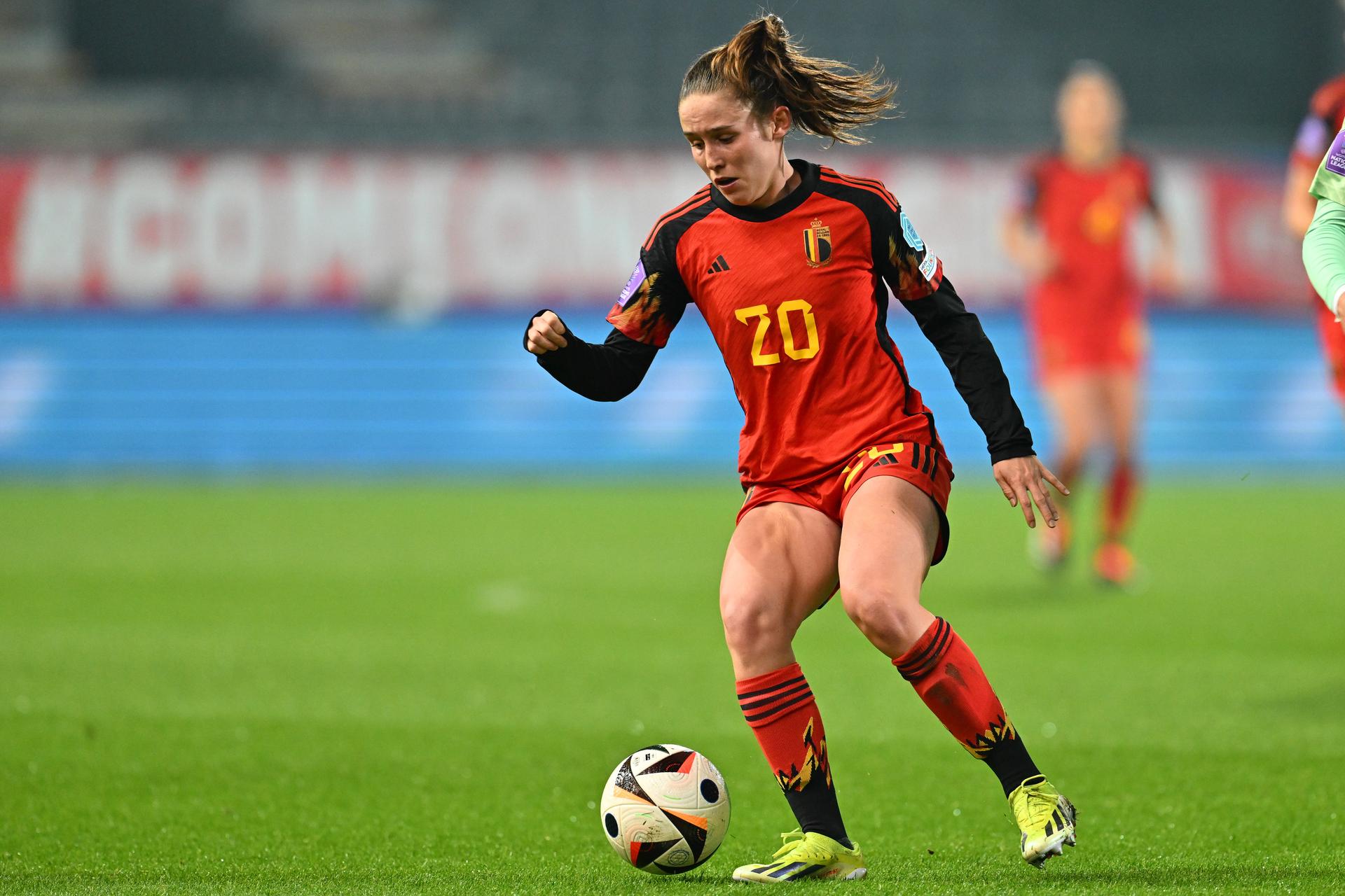 Belgium's Marie Detruyer pictured in action during a soccer match between Belgium's national women's team the Red Flames and Hungary, the return game in the Promotion and Relegation Matches of the 2023-2024 UEFA Women's Nations League competition Liga A, on Tuesday 27 February 2024, in Heverlee, Leuven. Belgium won the first leg with a 1-5 score. BELGA PHOTO DAVID CATRY