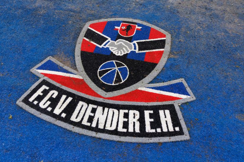 F.C.V. Dender EH logo pictured at a press conference of Jupiler Pro League club FCV Dender EH to present a new coach, Friday 27 February 2026 in Denderleeuw. BELGA PHOTO NICOLAS MAETERLINCK