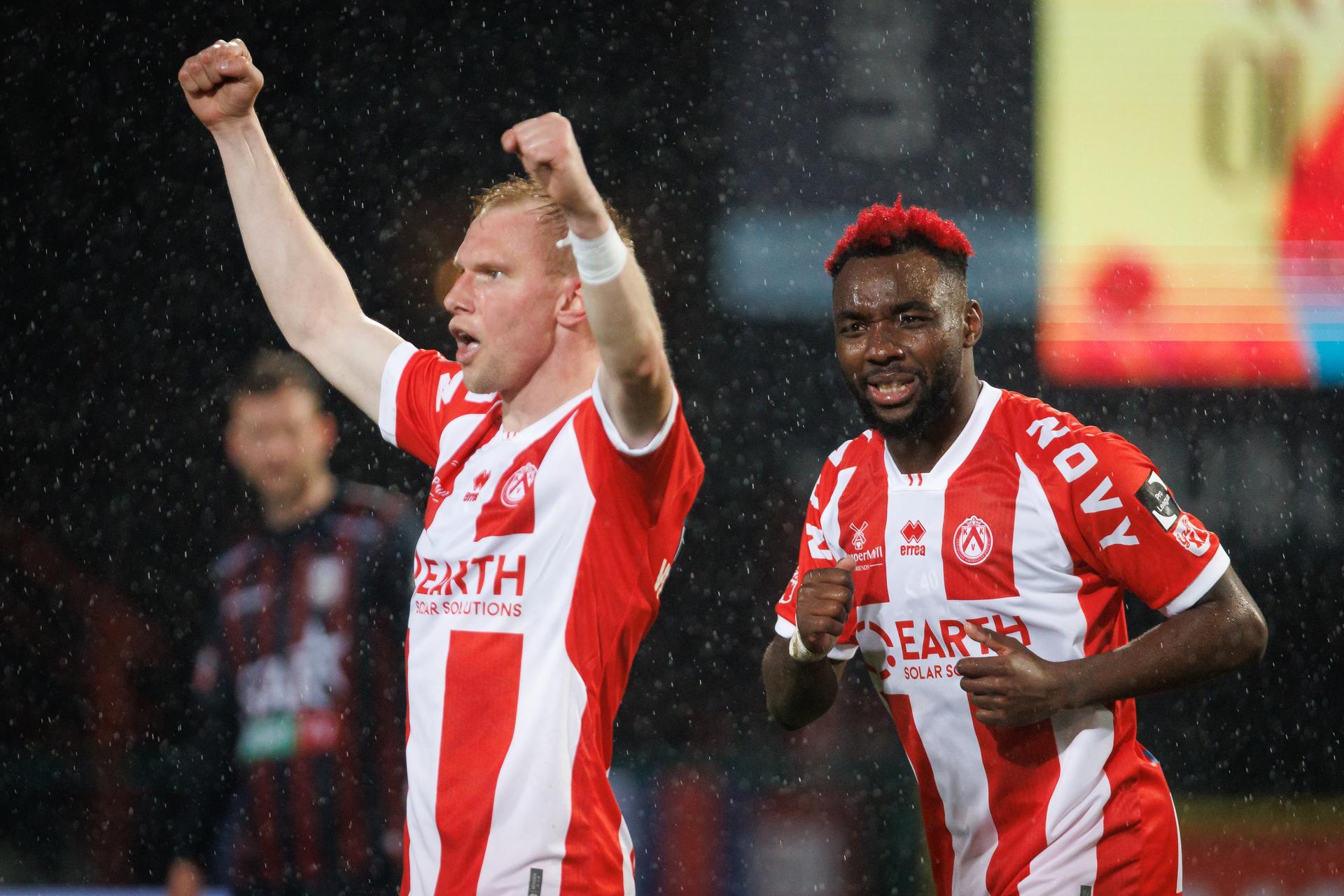 Kortrijk's Jellert Van Landschoot celebrates after scoring during a soccer game between KV Kortrijk and RFC Liege, Friday 27 February 2026 in Kortrijk, on day 27 of the 2025-2026 'Challenger Pro League' 1B second division of the Belgian championship. BELGA PHOTO KURT DESPLENTER