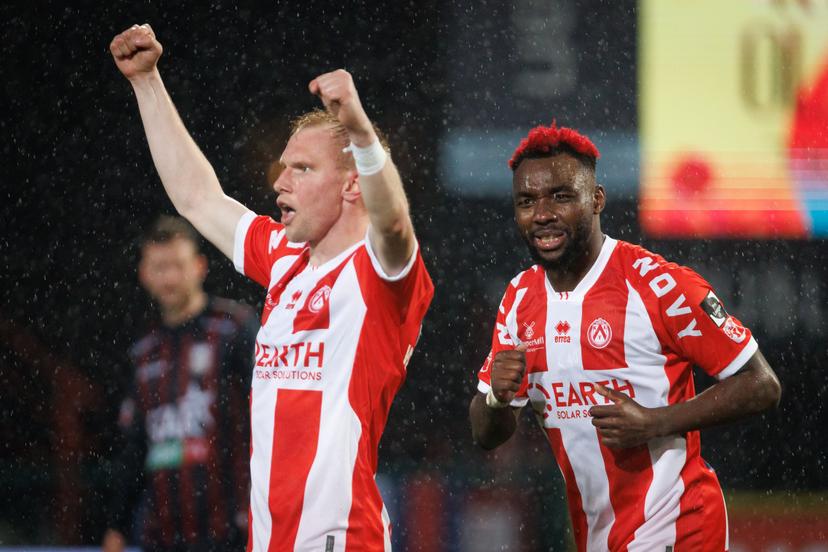 Kortrijk's Jellert Van Landschoot celebrates after scoring during a soccer game between KV Kortrijk and RFC Liege, Friday 27 February 2026 in Kortrijk, on day 27 of the 2025-2026 'Challenger Pro League' 1B second division of the Belgian championship. BELGA PHOTO KURT DESPLENTER