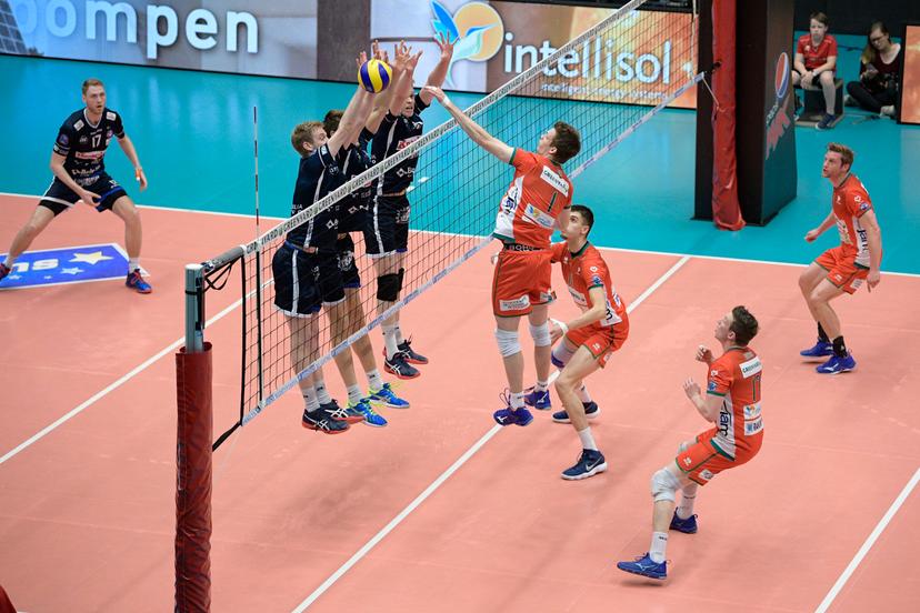 Illustration picture shows the match between Greenyard Maaseik and Knack Roeselare, in the final of the Play Offs of the Belgian volleyball competition, Wednesday 08 May 2019 in Maaseik. It's the fourth match in a best-of-5. The score is 2-1 for Maaseik. BELGA PHOTO YORICK JANSENS