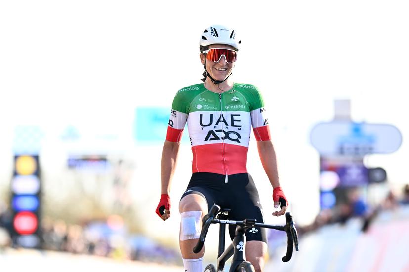 Italian Elisa Longo Borghini of UAE Team ADQ celebrates after winning the women elite race of the 'Dwars Door Vlaanderen' cycling event, 128,5km from and to Waregem, Wednesday 02 April 2025. BELGA PHOTO JASPER JACOBS