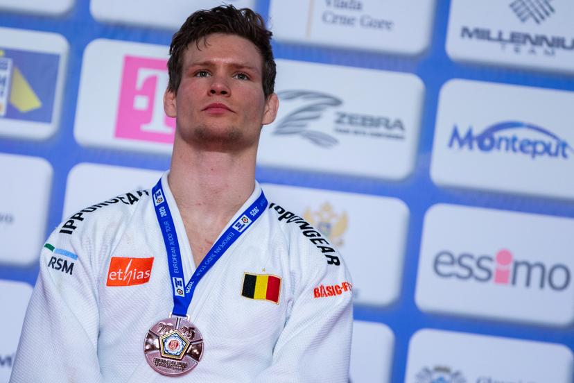 Belgian Matthias Casse, winner of the bronze medal pictured on the podium of the Men -81kg, at the European Judo Championships in Podgorica, Montenegro, on Friday 25 April 2025. The tournament is taking place from 23 tot 27 April 2025. BELGA PHOTO NIKOLA KRISTC