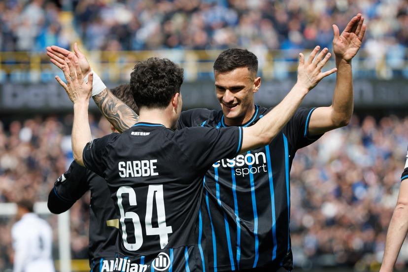 Club's Kyriani Sabbe celebrates after scoring during a soccer match between Club Brugge and RSCA Anderlecht, Monday 06 April 2026 in Brugge, on the first day of the Champion's Play-off (PO1) of the 2025-2026 'Jupiler Pro League' first division of the Belgian championship. BELGA PHOTO KURT DESPLENTER