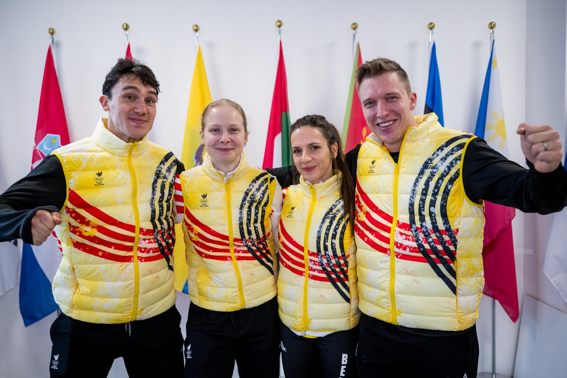 Belgian shorttrack skater Stijn Desmet, Belgian shorttrack skater Tineke den Dulk, Belgian shorttrack skater Hanne Desmet and Belgian shorttrack skater Ward Petre pictured during a press conference at the Milano Cortina 2026 Olympic Winter Games, on Sunday 08 February 2026 in Milan, Italy. The XXV Winter Olympics take place from 6 to 22 February 2026 in Italy. BELGA PHOTO JASPER JACOBS