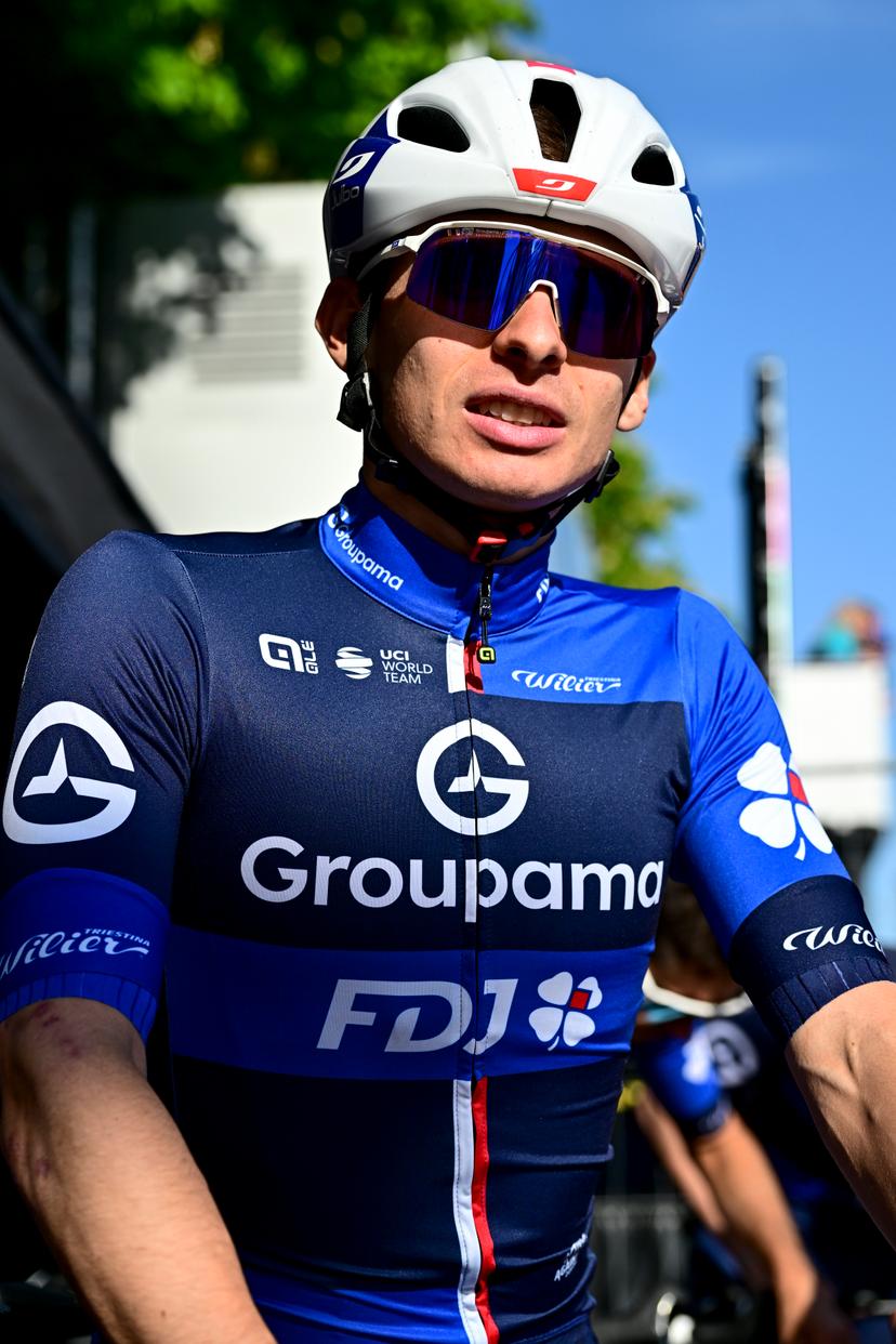 French Romain Gregoire of Groupama-FDJ pictured at the start of the men elite race of the Liege-Bastogne-Liege one day cycling event, 252km from Liege, over Bastogne to Liege, Sunday 27 April 2025. BELGA PHOTO MAARTEN STRAETEMANS