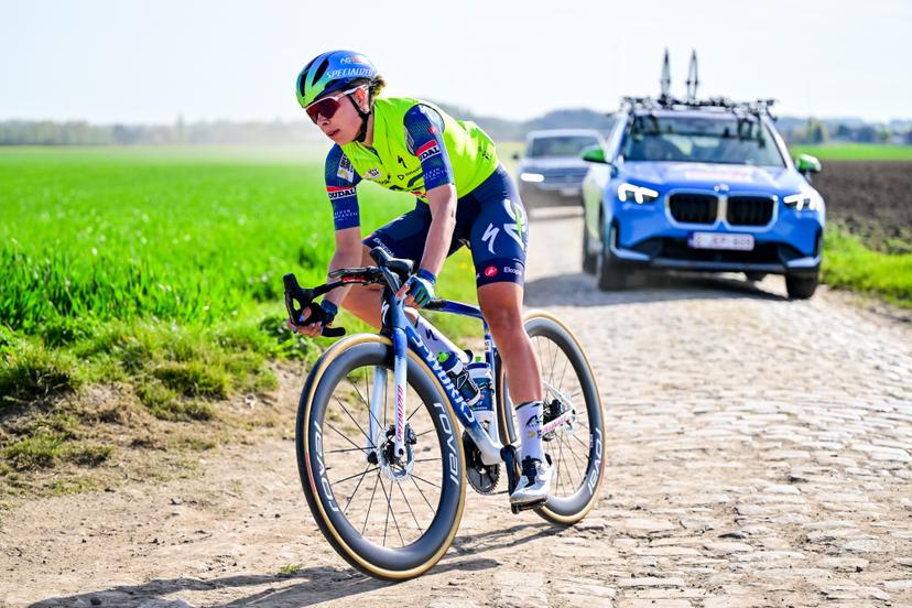Belgian Shari Bossuyt of AG Insurance-Soudal Team pictured in action during the reconnaissance of the track ahead of this year's Paris-Roubaix cycling race, Thursday 09 April 2026, around Roubaix, France. The 123rd edition of Paris-Roubaix cycling races will take on Sunday, with the women riding 143,1 km the men riding 258,3 km on Sunday. BELGA PHOTO DIRK WAEM