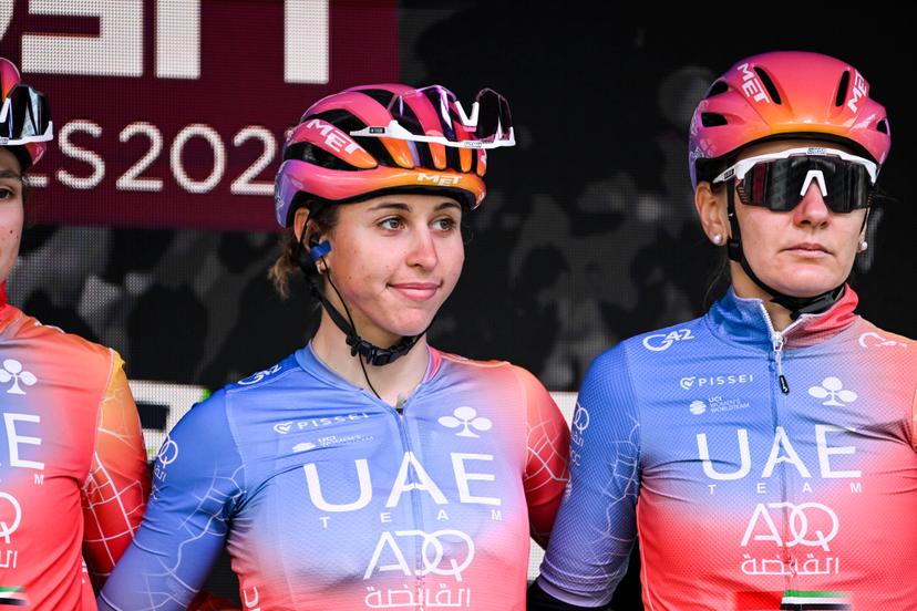 Italian Silvia Persico of UAE Team ADQ pictured at the start of the women elite race of the Liege-Bastogne-Liege one day cycling event, 142,1km from Liege, over Bastogne to Liege, Sunday 23 April 2023. BELGA PHOTO TOM GOYVAERTS