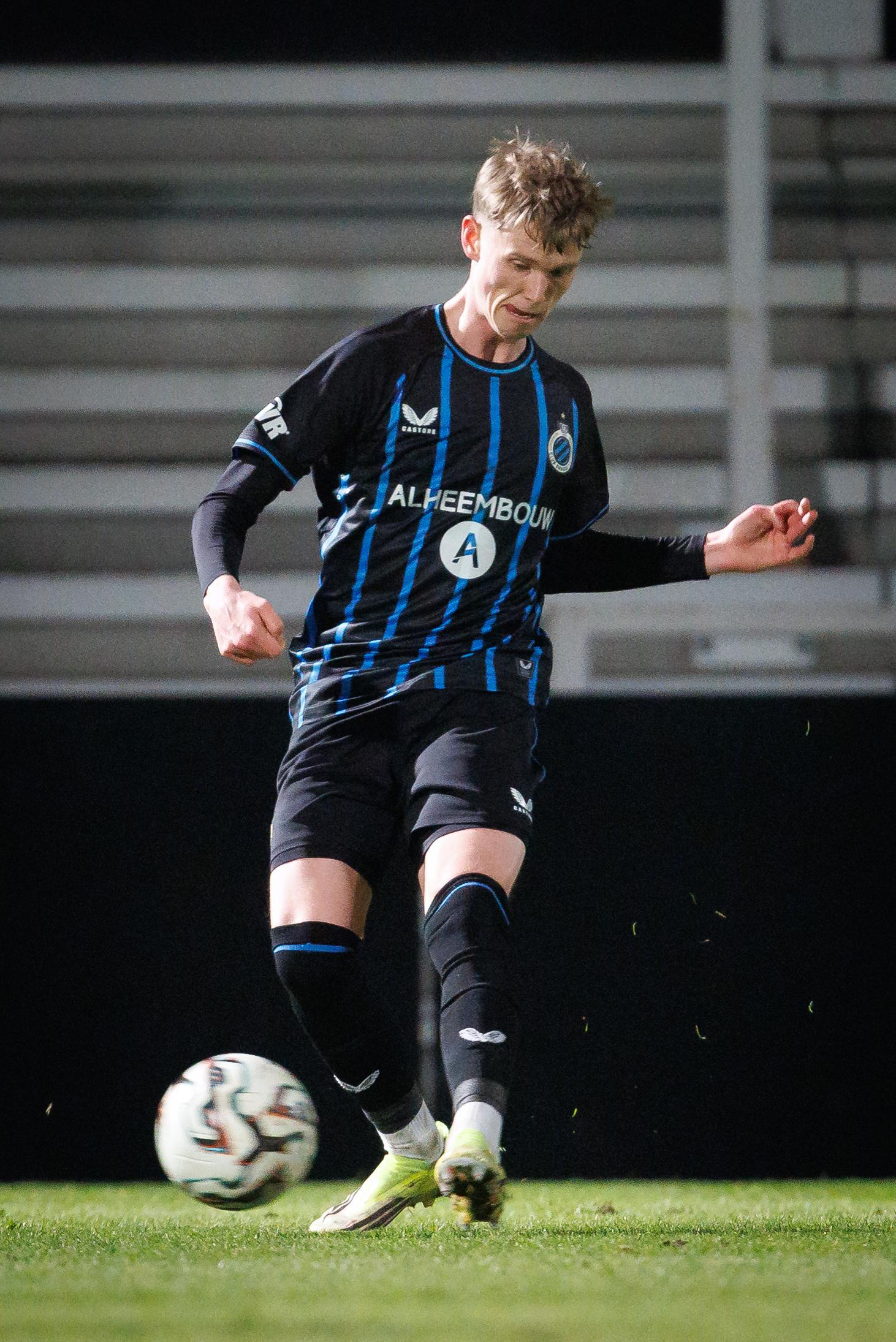 Club's Tobias Lund Jensen pictured in action during a soccer game between Club NXT and RFC Seraing, Friday 30 January 2026 in Roeselare, on day 23 of the 2025-2026 'Challenger Pro League' 1B second division of the Belgian championship. BELGA PHOTO KURT DESPLENTER