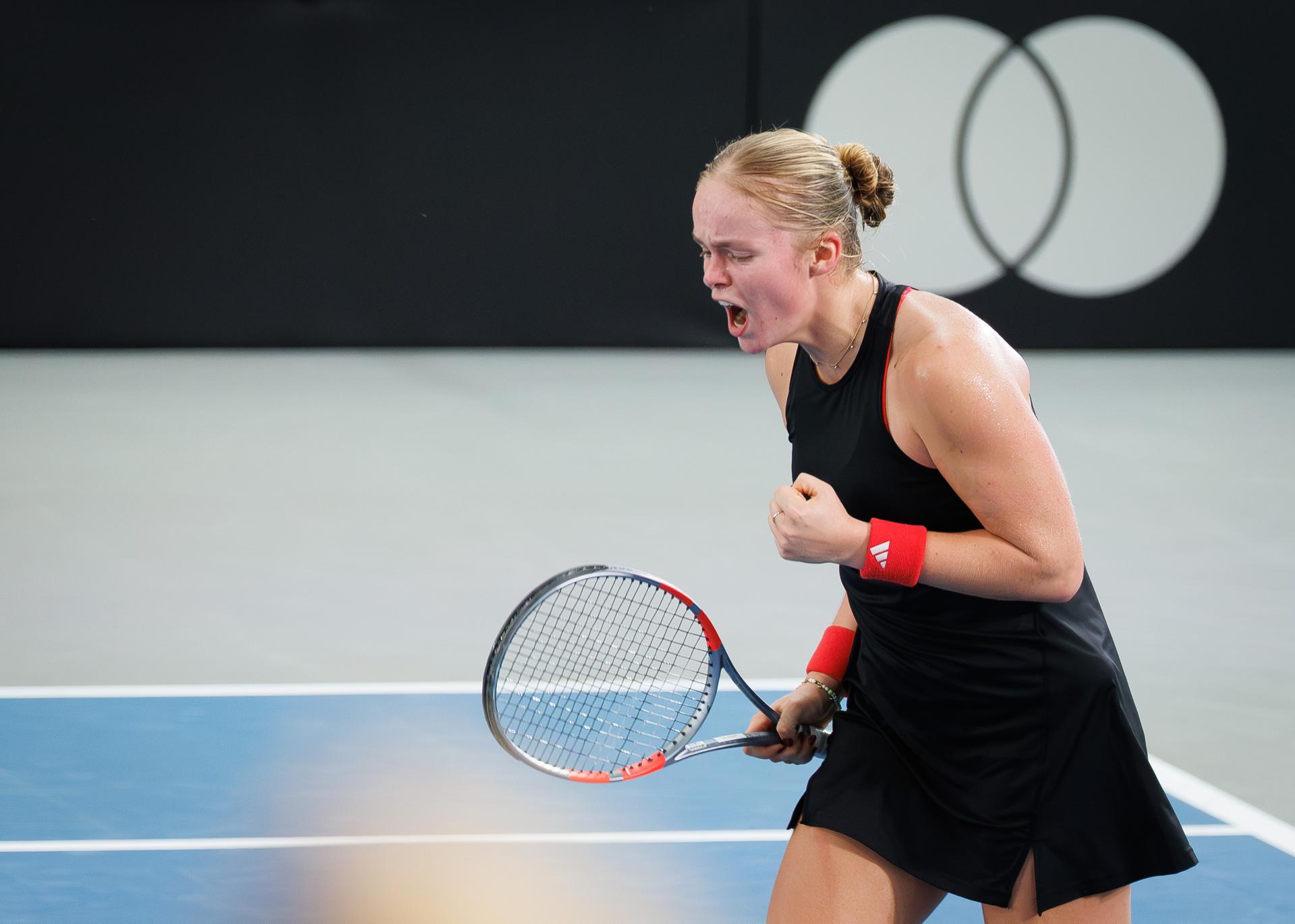 Belgian Jeline Vandromme celebrates winning a tennis match against German Friedsam, during the meeting between Belgium and Germany in the Billie Jean King Cup Play-offs, on Sunday 16 November 2025 in Ismaning, Germany. PHOTO BENOIT DOPPAGNE