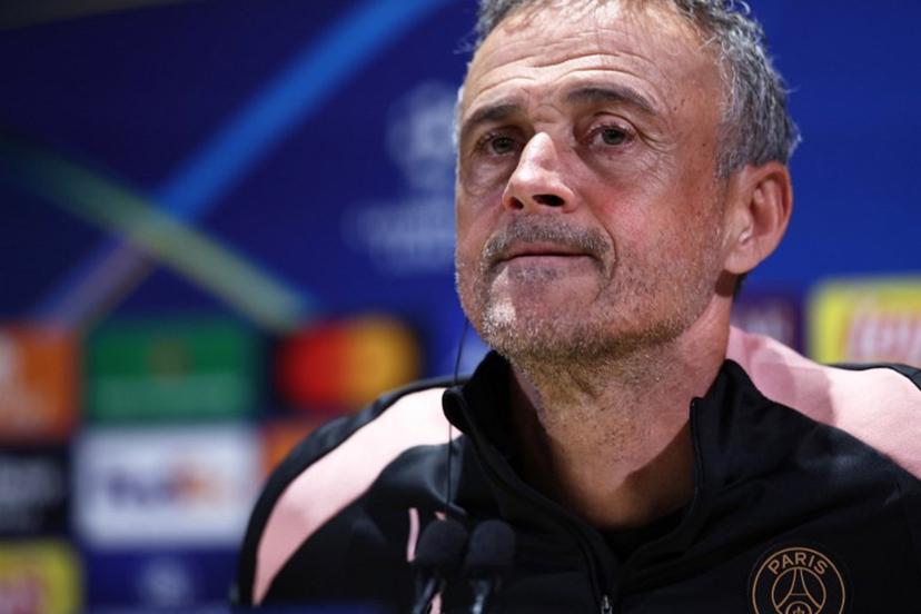 Paris Saint-Germain's Spanish headcoach Luis Enrique reacts during a press conference on the eve of Paris Saint-Germain's second leg semi-final UEFA Champions League match against Arsenal, at the club's training ground in Poissy, west of Paris, on May 6, 2025.  FRANCK FIFE / AFP
