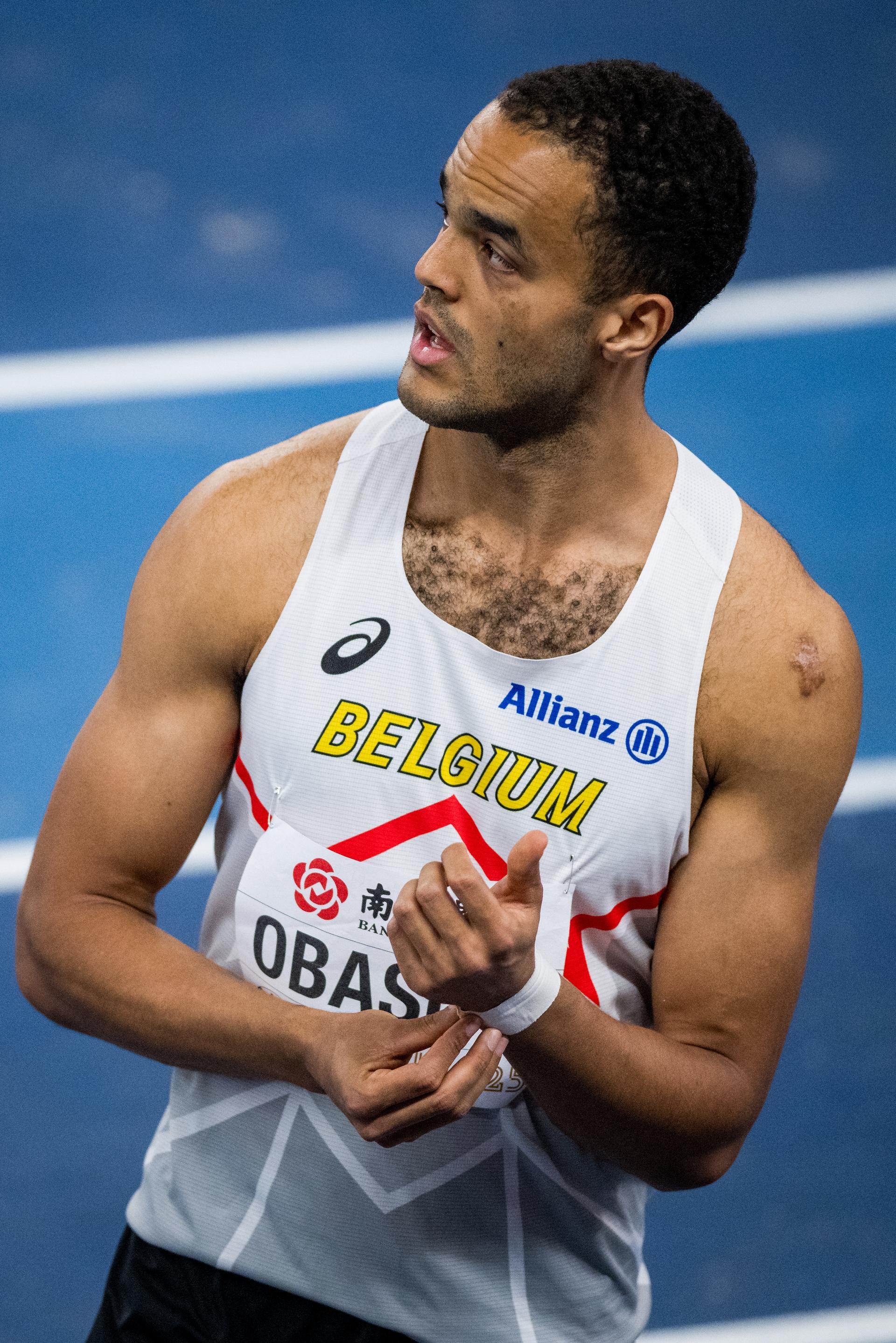 Belgian Michael Obasuyi pictured in action during the men's 60m hurdles, at the World Athletics Indoor Championships, in Nanjing, China, Saturday 22 March 2025. The championships take place from 21 to 23 March. BELGA PHOTO JASPER JACOBS