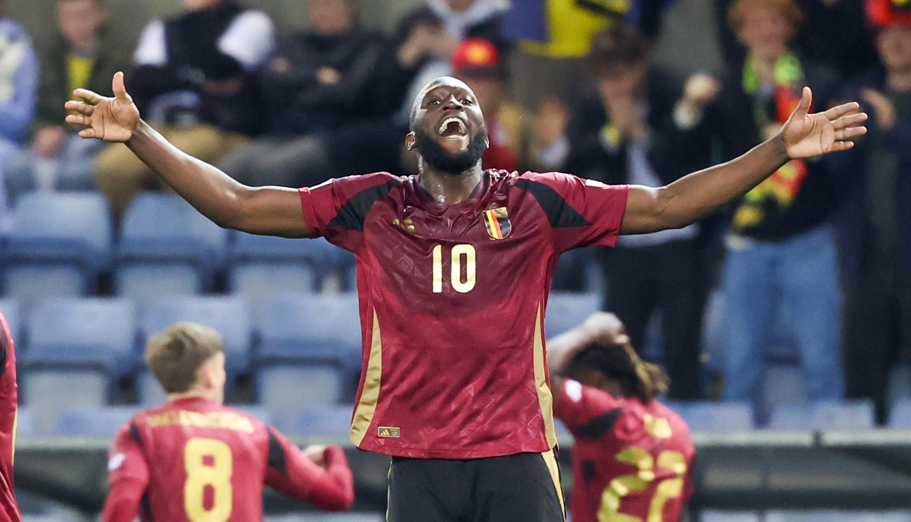 Belgium's Romelu Lukaku celebrates after scoring during a soccer game between Belgian national team the Red Devils and Ukraine, Sunday 23 March 2025 in Genk, the return leg of the Nations League playoff. Ukraine won the first leg 3-1. BELGA PHOTO VIRGINIE LEFOUR