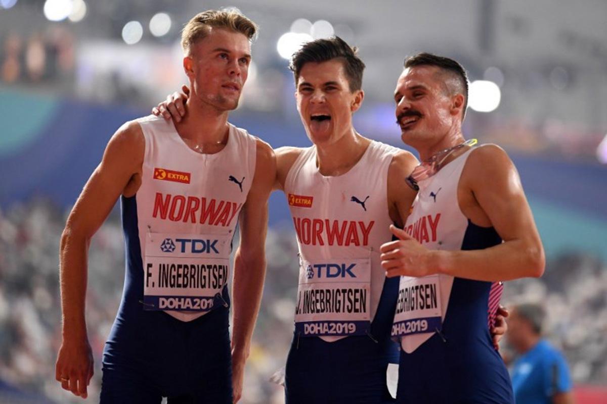 (FILES) In this file photo taken on September 30, 2019, (From R) Norway's Henrik Ingebrigtsen, Norway's Jakob Ingebrigtsen and Norway's Filip Ingebrigtsen react after competing in the Men's 5000m final at the 2019 IAAF Athletics World Championships at the Khalifa International Stadium in Doha. Gjert Ingebrigtsen, father and former coach of track and field superstar Jakob Ingebrigtsen, is expected to appear in court in Norway on March 24, 2025 on charges of domestic violence against his son, a two-time Olympic champion, and his sister, a high-profile case in sports circles and beyond. Jakob Ingebrigtsen, and two of his brothers, Henrik and Filip, also athletes, caused a stir in October 2023, by accusing their father of "physical violence" and "threats" during their childhood in a press column. Jewel SAMAD / AFP