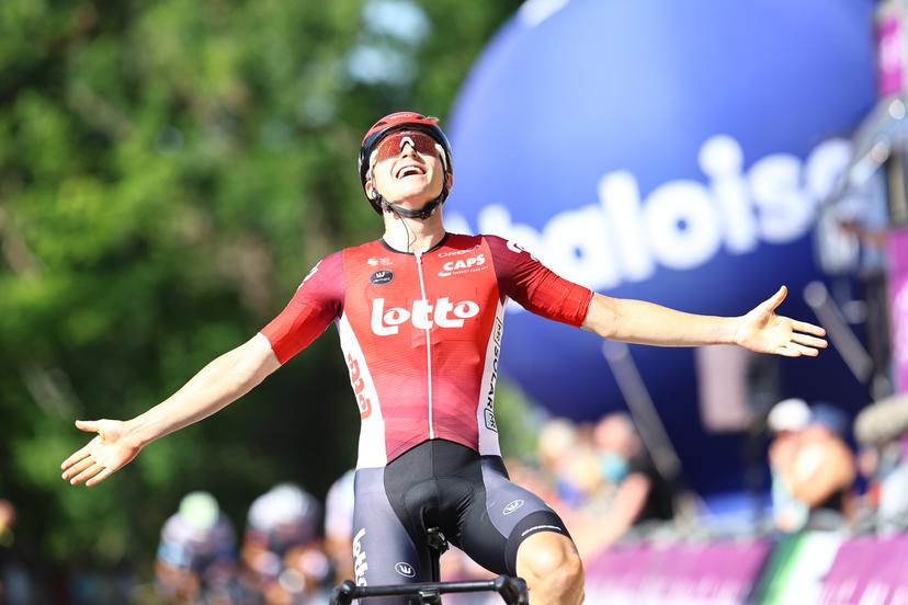 Belgian Jenno Berckmoes of Lotto Cycling Team celebrates as he crosses the finish line and win the stage 4 of the Baloise Belgium Tour cycling race, from and to Durbuy (173,4 km), Saturday 21 June 2025. The Baloise Belgium Tour takes place from 18 to 22 June. BELGA PHOTO DAVID PINTENS