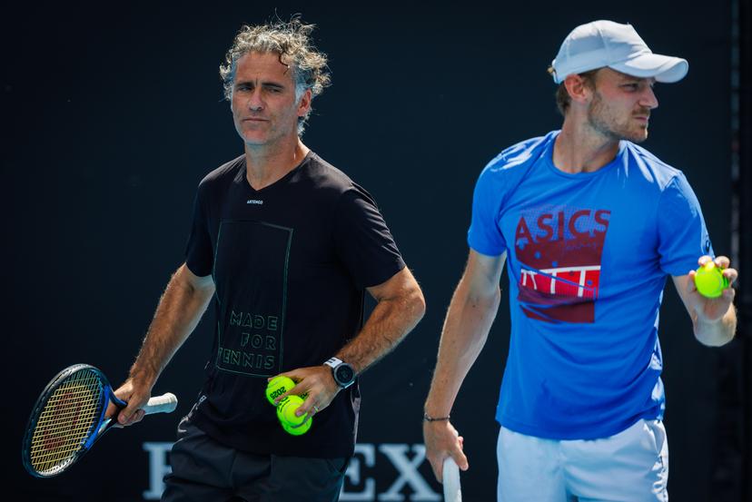 David Goffin's coach Yannis Demeroutis and Belgian David Goffin (ATP 53) pictured in action during a training session before the 'Australian Open' Grand Slam tennis tournament, Friday 10 January 2025 in Melbourne Park, Melbourne, Australia. The 2024 edition of the Australian Grand Slam takes place from January 14th to January 28th. BELGA PHOTO PATRICK HAMILTON