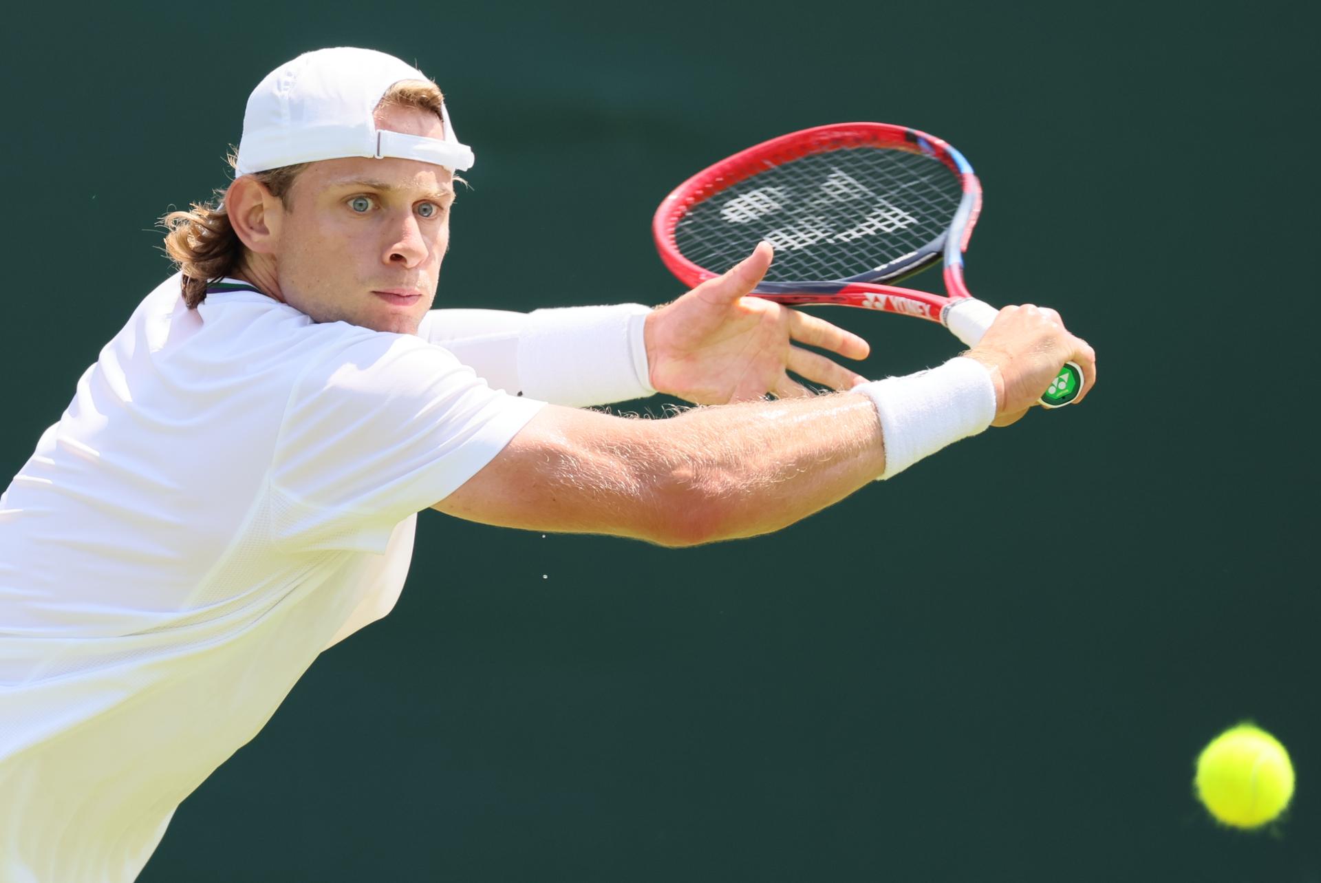 Belgian Zizou Bergs pictured in action during a tennis match against South African Harris, in the first round of the men's singles at the 2025 Wimbledon grand slam tournament, Monday 30 June 2025 at the All England Tennis Club, in South-West London, Britain. BELGA PHOTO BENOIT DOPPAGNE