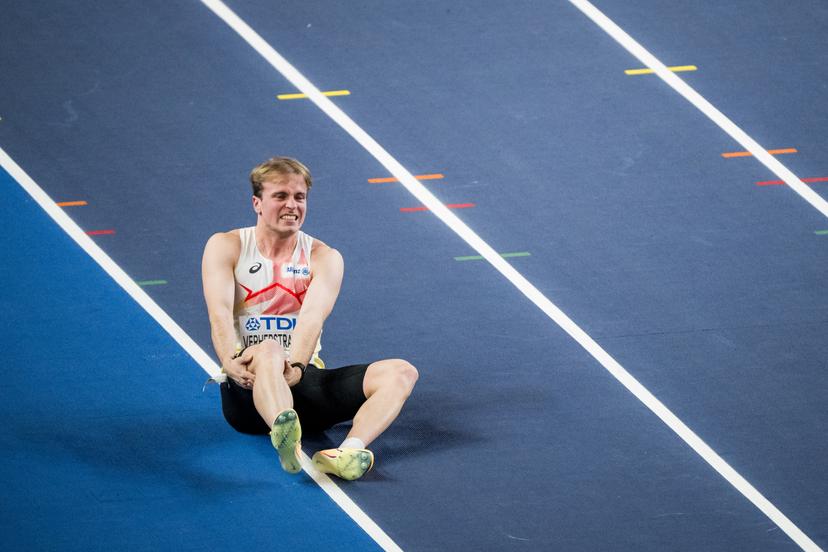 Belgian athlete Simon Verherstraeten lies injured on the ground during the first day of the World Athletics Indoor Championship in Torun, Poland on Friday 20 March 2026. The championships take place from 20 to 22 March. BELGA PHOTO JASPER JACOBS